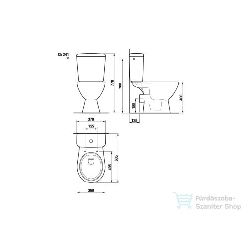 Jika LYRA PLUS perem nélküli hátsó kifolyású monoblokkos wc, oldalsó bekötésű tartállyal, tető nélkül, fehér H8257260002413