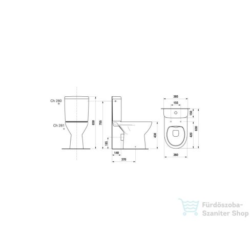 Jika LYRA PLUS perem nélküli hátsó kifolyású monoblokkos wc, oldalsó bekötésű tartállyal, tető nélkül, fehér H8273860002801