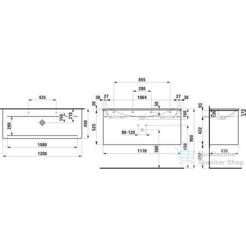 Laufen Palace 120 cm-es 2 csaplyukas mosdó és alsószekrény kombináció 2 fiókkal,eloxált alumínium fogantyúval,sötétbarna szil H8607092631071
