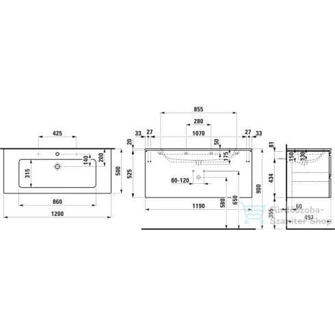 Laufen Pro S 120x50 cm-es 2 fiókos,1 csaplyukas mosdó és alsószekrény kombináció,grafit H8619674801041
