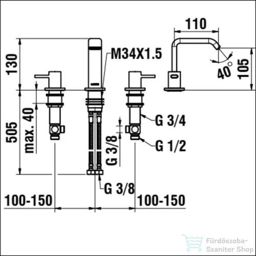 Laufen MEDA 3-lyukú mosdó csaptelep, leeresztő nélkül, PVD matt titán fekete HF506612428000