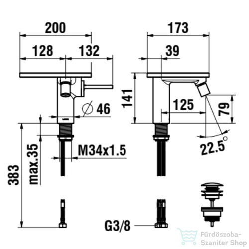 Laufen ADA bidé csaptelep lyukas polccal, click-clack leeresztővel, PVD matt fekete/fényes fehér HF506710511000