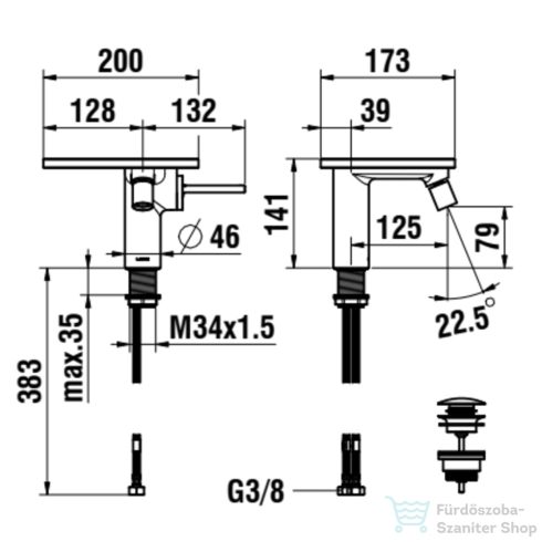 Laufen ADA bidé csaptelep lyukas polccal, click-clack leeresztővel, PVD matt fekete/fehér márvány HF506710515000