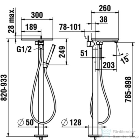 Laufen ADA szabadon álló kádtöltő csaptelep polccal, zuhanyszettel, alaptest nélkül, PVD matt fekete/matt fekete HF506781513060