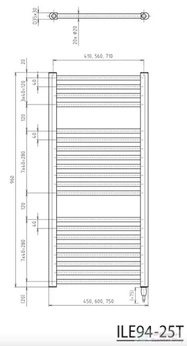 AQUALINE DIRECT-E elektromos fürdőszobai radiátor fűtőpatronnal, egyenes, 450x960cm, 300W, fehér (ILE94T)