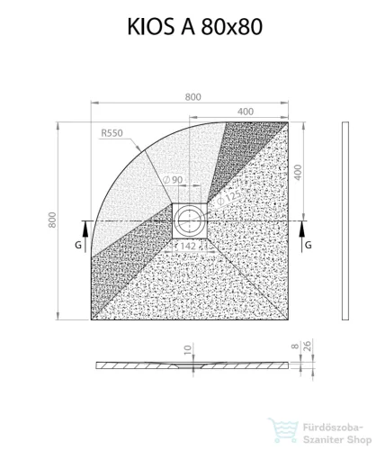 Radaway Kios A 80x80 íves műmárvány zuhanytálca, betonszürke KA8080-52