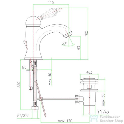 Sapho KIRKÉ mosdó csaptelep, automata leeresztővel, kristály karral, arany (KI02KZ)
