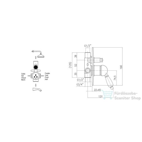 Sapho KIRKÉ falbaépíthető csaptelep, 2 irányú, fehér karral, króm KI42BC