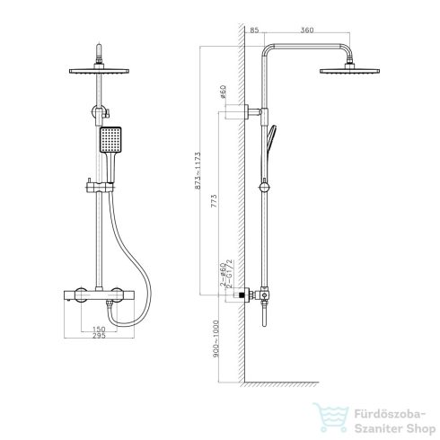 Sapho teleszkópos zuhanyoszlop, termosztátos csapteleppel, zuhanyszettel, fekete (KJ639)