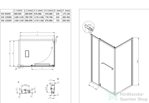 Kolpa San Stellar UNI 120x90 cm zuhanykabin, átlátszó üveggel, fekete profil 518850