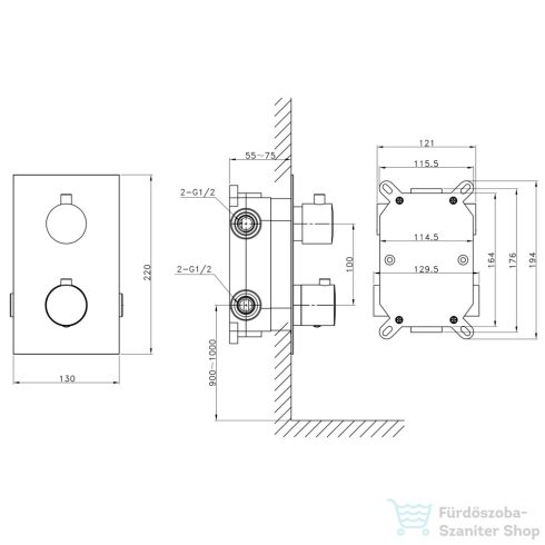 Sapho KIMURA falba süllyesztett termosztátos zuhanycsaptelep, 2-irányú váltóval, zuhanyszett nélkül, króm (KU382)