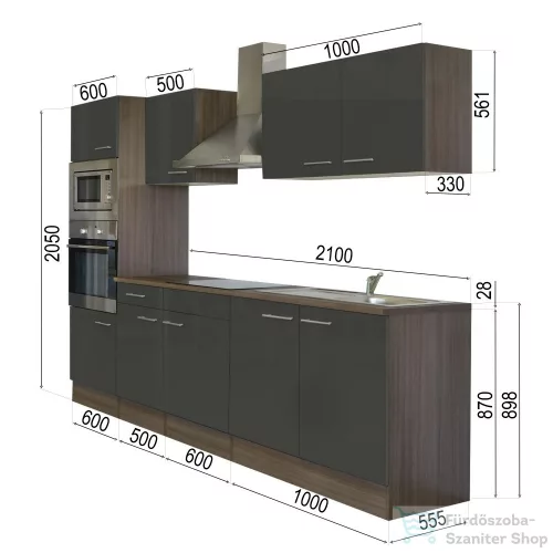 Leziter Yorki konyhabútor Yorki tölgy korpusszal, selyemfényű antracit fronttal 270 cm-es méretben L270YAN