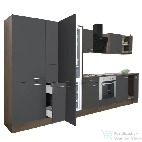 Leziter Yorki 360 konyhabútor yorki tölgy korpusz,selyemfényű antracit front alsó sütős elemmel polcos szekrénnyel és alulfagyasztós hűtős szekrénnyel L360YAN-SUT-PSZ-AF