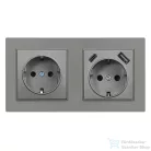 Leziter Nova földelt csatlakozóaljzat dugalj 16A 250V USB csatlakozóval szürke kerettel LN2KERV-SZ_LNFCS-SZ_LNUSB-SZ