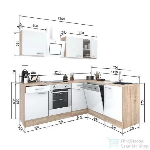 Leziter Yorki 220 sarok konyhabútor sonoma tölgy korpusz,selyemfényű fehér fronttal alsó sütős elemmel LS220STFH-SUT