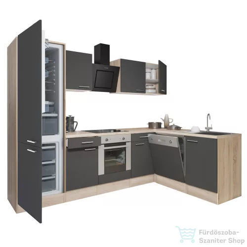 Leziter Yorki 280 sarok konyhabútor sonoma tölgy korpusz,selyemfényű antracit front alsó sütős elemmel alulagyasztós hűtős szekrénnyel LS280STAN-SUT-AF