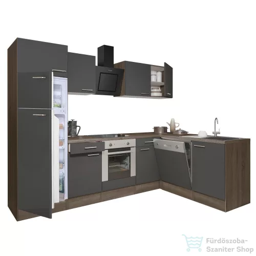 Leziter Yorki 280 sarok konyhabútor yorki tölgy korpusz,selyemfényű antracit front alsó sütős elemmel felülfagyasztós hűtős szekrénnyel LS280YAN-SUT-FF