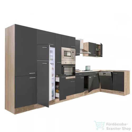 Leziter Yorki 430 sarok konyhabútor sonoma tölgy korpusz,selyemfényű antracit fronttal felülfagyasztós hűtős szekrénnyel LS430STAN-FF