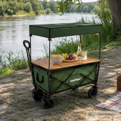 Leziter Összecsukható prémium kerti strandkocsi tetővel asztallal zöld LSZKTA088-GREEN