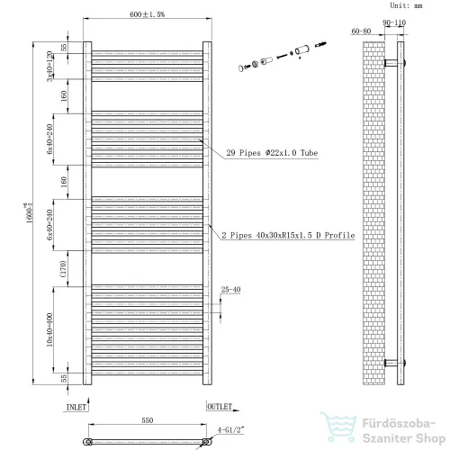 Leziter Egyenes törölközőszárító radiátor 1600x600 mm fehér LTRE1600600W