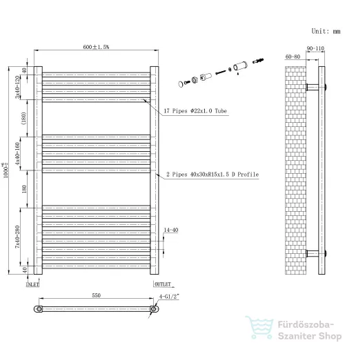 Leziter Íves törölközőszárító radiátor 1000x600 mm fehér LTRI1000600W