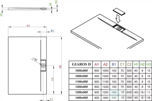 Radaway Giaros D 110x80 szögletes műmárvány zuhanytálca 5SL1 zuhanyszifonnal M3GRD1180