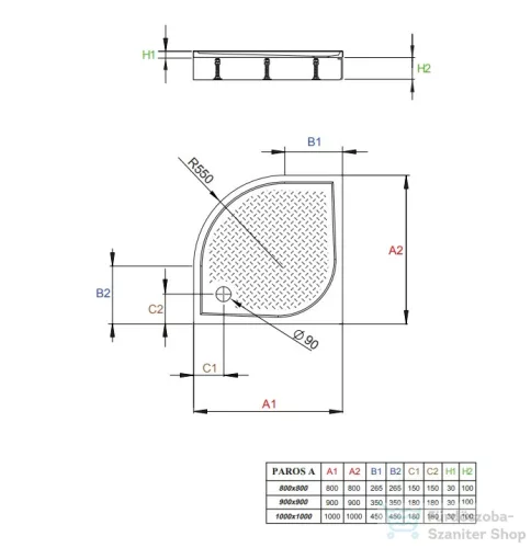 Radaway Paros A 80x80 íves műmárvány zuhanytálca ST 90 zuhanyszifonnal MBA8080-03-1