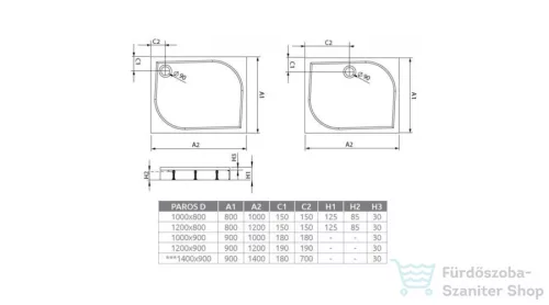 Radaway Paros D 100x90 szögletes műmárvány zuhanytálca ST 90 zuhanyszifonnal MBD9010-03-1