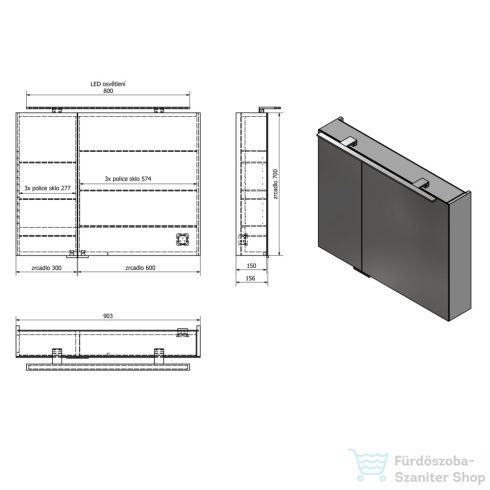 Sapho MIRRÓ tükrösszekrény LED világítással, 90x70x16cm, fényes fehér (MC090-0030)