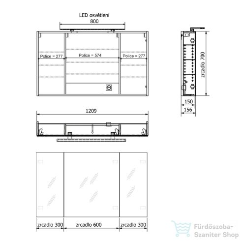 Sapho MIRRÓ tükrösszekrény LED világítással, 120x70x16cm, ezüst tölgy (MC121-0011)