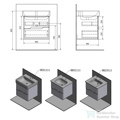 Sapho MEDIENA mosdótartó szekrény, 2 fiókkal, 57x50,7x48,5cm, matt fehér/natúr tölgy (MD062)