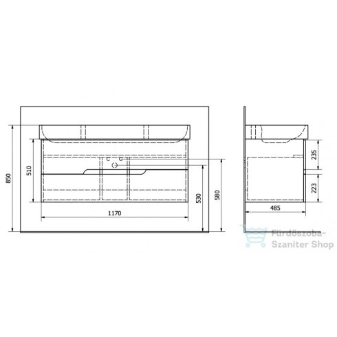 Sapho MEDIENA mosdótartó szekrény, 2 fiókkal, 117x50,5x48,5cm, matt fehér/grafit tölgy (MD121)