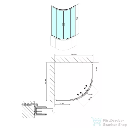 Sapho POLYSAN SELMA íves zuhanyajtó, 900x900x1650mm, transzparent üveg (MD2516)
