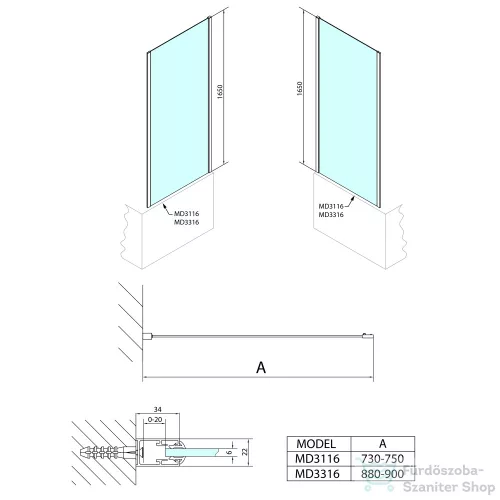Sapho POLYSAN DEEP oldalfal, 1650x750mm, transzparent (MD3116)