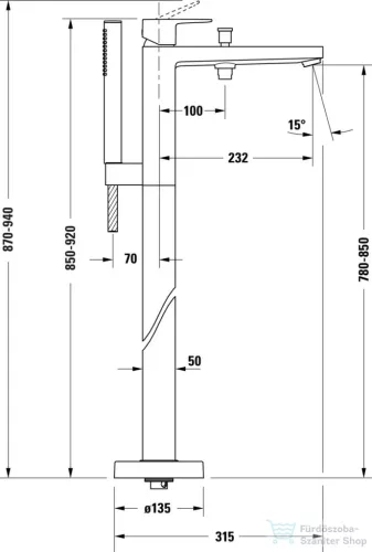 Duravit MANHATTAN szabadon álló kádtöltő csaptelep alaptest nélkül, matt fekete MH5250000046