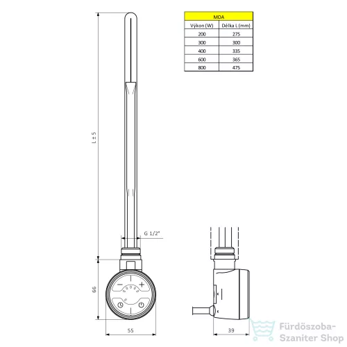 Sapho MOA elektromos termosztátos fűtőpatron, Bluetooth kapcsolattal, 600W, fekete (MOA-B-600)