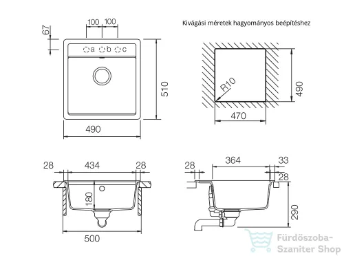 Schock Mono N-100S CRISTADUR® Stone 490 x 510 mm, gránit kompozit konyhai mosogató, palaszürke MONN100SSTONSA