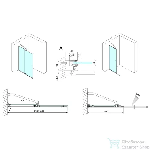 Sapho POLYSAN MODULAR SHOWER tolóajtó fix résszel, 1600mm, transzparent üveg (MS5-160)