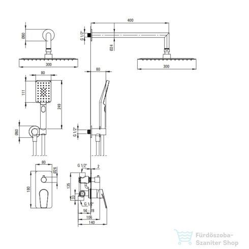 Deante Jasmin falsík alatti zuhanyszett, csapteleppel, esőztetővel, króm NAC_09JP