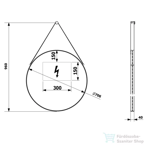 Sapho ORBITER kerek tükör LED világítással akasztóval, átm:70cm, matt fekete (ORL070)