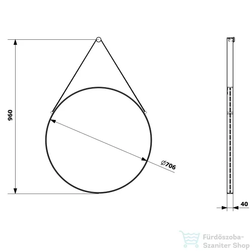 Sapho ORBITER kerek tükör akasztóval, átm:70cm, matt fekete (ORT070)