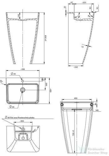Omnires PARMA M+ 55x43x85 cm-es álló mosdó leeresztő nélkül, fényes fehér PARMAUWBP