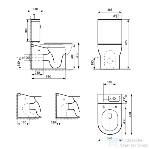 AQUALINE JALTA HYGIE monoblokkos WC, alsó/hátsó kifolyású, WC-ülőke nélkül, mosdóval, csaptelep nélkül, 38,5x63cm (PB103H)