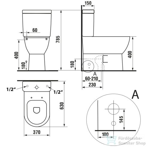 AQUALINE JALTA RIMLESS monoblokkos WC, alsó/hátsó kifolyású, ülőke nélkül, 37x63cm, duál gombos öblítőmechanika (PB103RW)