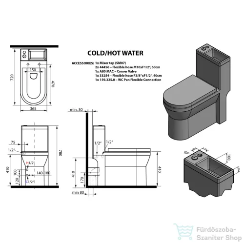 AQUALINE HYGIE monoblokkos WC, alsó/hátsó kifolyású, WC-ülőke nélkül, mosdóval, csaptelep nélkül, 36,5x72cm (PB104W)