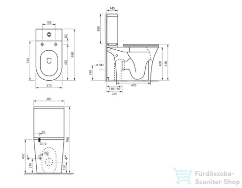 AQUALINE VITO RIMLESS monoblokkos WC, ülőke nélkül,alsó/hátsó kifolyású, 61x35,5cm (PB105WR)