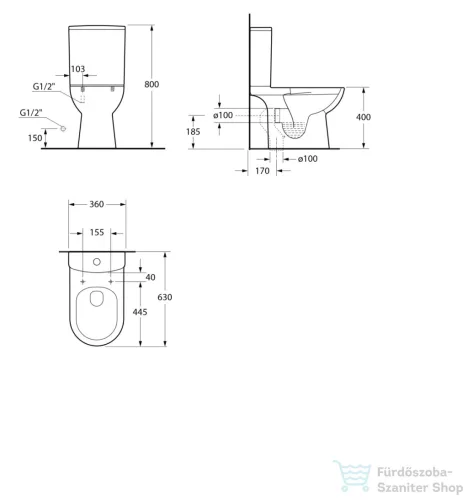 Aqualine IMALA RIMLESS Vortex monoblokkos WC,alsó/hátsó kifolyású (PB107WR)