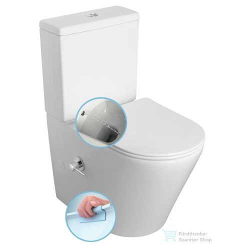 Sapho PACO RIMLESS monoblokkos WC, alsó/hátsó kifolyású, ülőke nélkül, FEHÉR CSAPTELEPPEL, bidézuhannyal, 38x64cm, duálgombos öblítőmechanikával (PC1012RX)