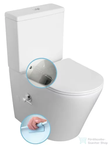 Sapho PACO RIMLESS monoblokkos WC, alsó/hátsó kifolyású, ülőke nélkül, FEHÉR CSAPTELEPPEL, bidézuhannyal, 38x64cm, duálgombos öblítőmechanikával (PC1012RX)