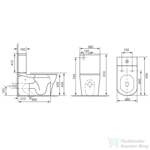 Sapho BELLO RIMLESS monoblokkos WC, alsó/hátsó kifolyású, ülőke nélkül, 38x64cm, duálgombos öblítőmechanikával (PC103R helyett) (PC103WR)